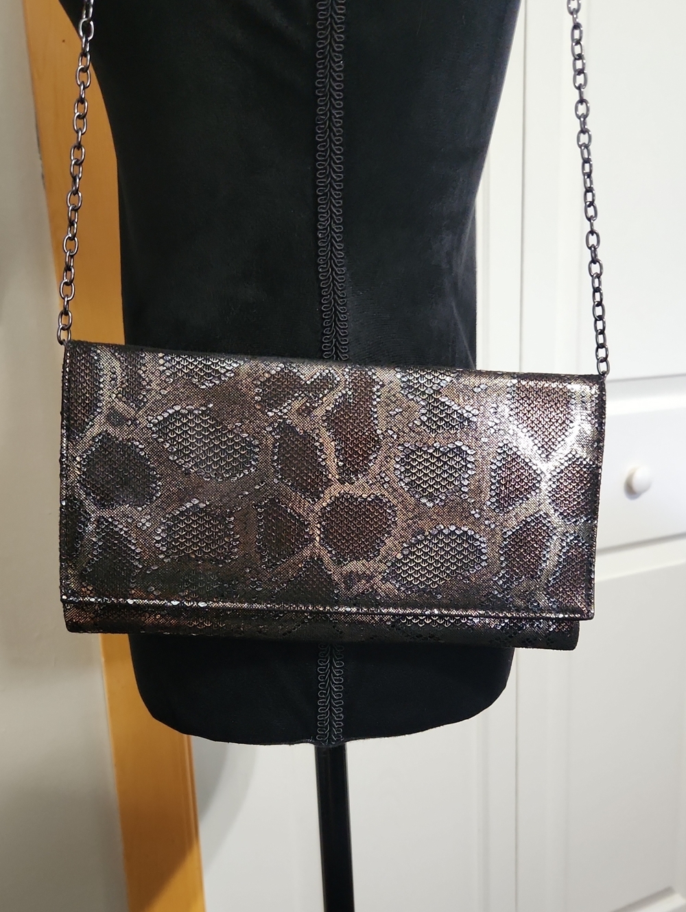 Sondra Roberts Metallic Brown Snake-Print Chain Shoulder Bag with Black Accents